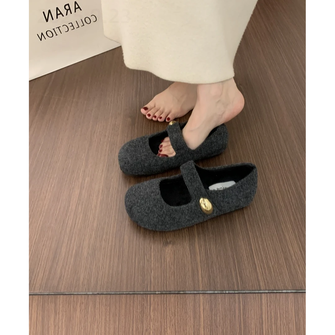 复古晚晚风灰色毛毡一字带圆头玛丽珍鞋百搭2025秋平底呢子勃肯鞋