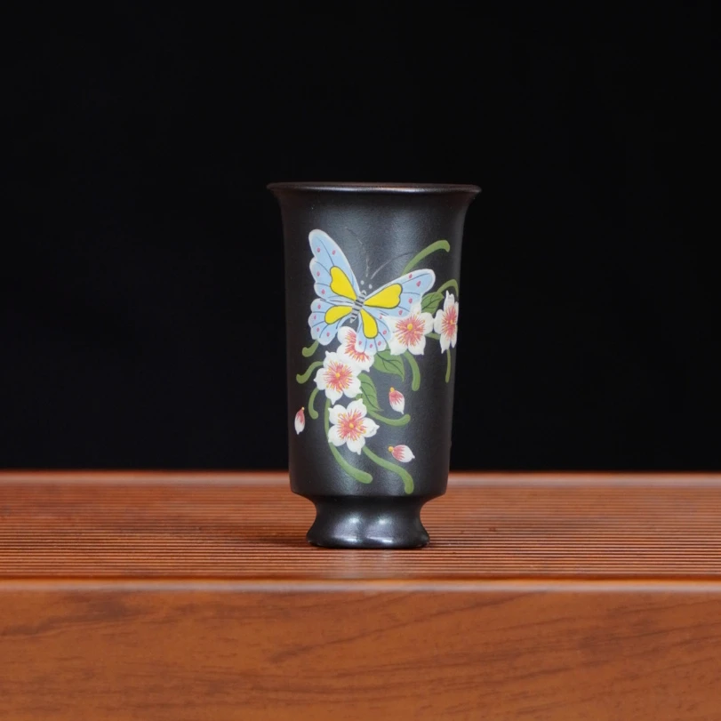 宜兴全手工原矿茶具正宗石黄泥绘蝶恋花精致自用闻香杯紫砂主人杯