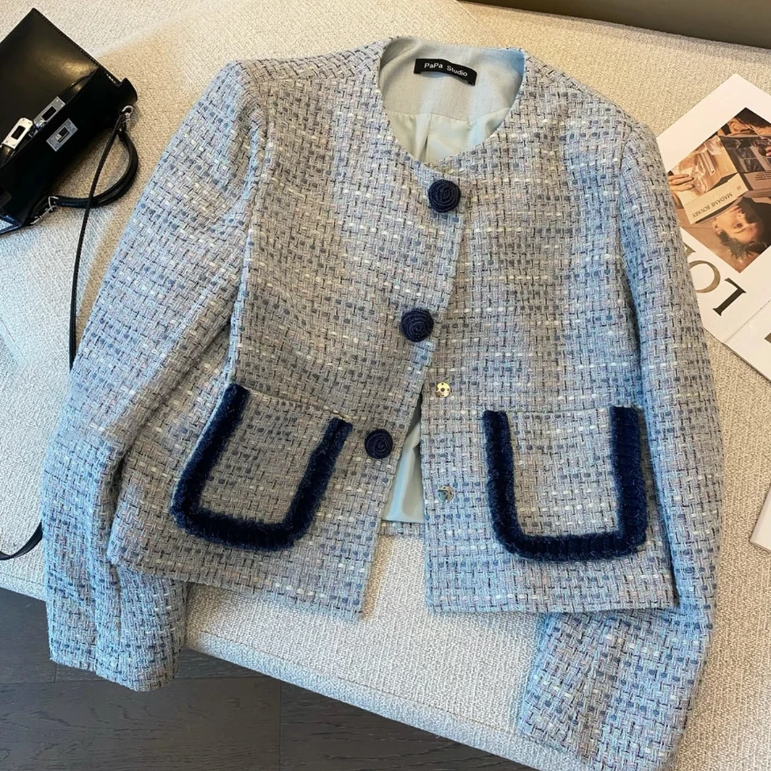 蓝色格子小香风粗花呢外套女2024秋高级感气质亮晶晶上衣女外套18