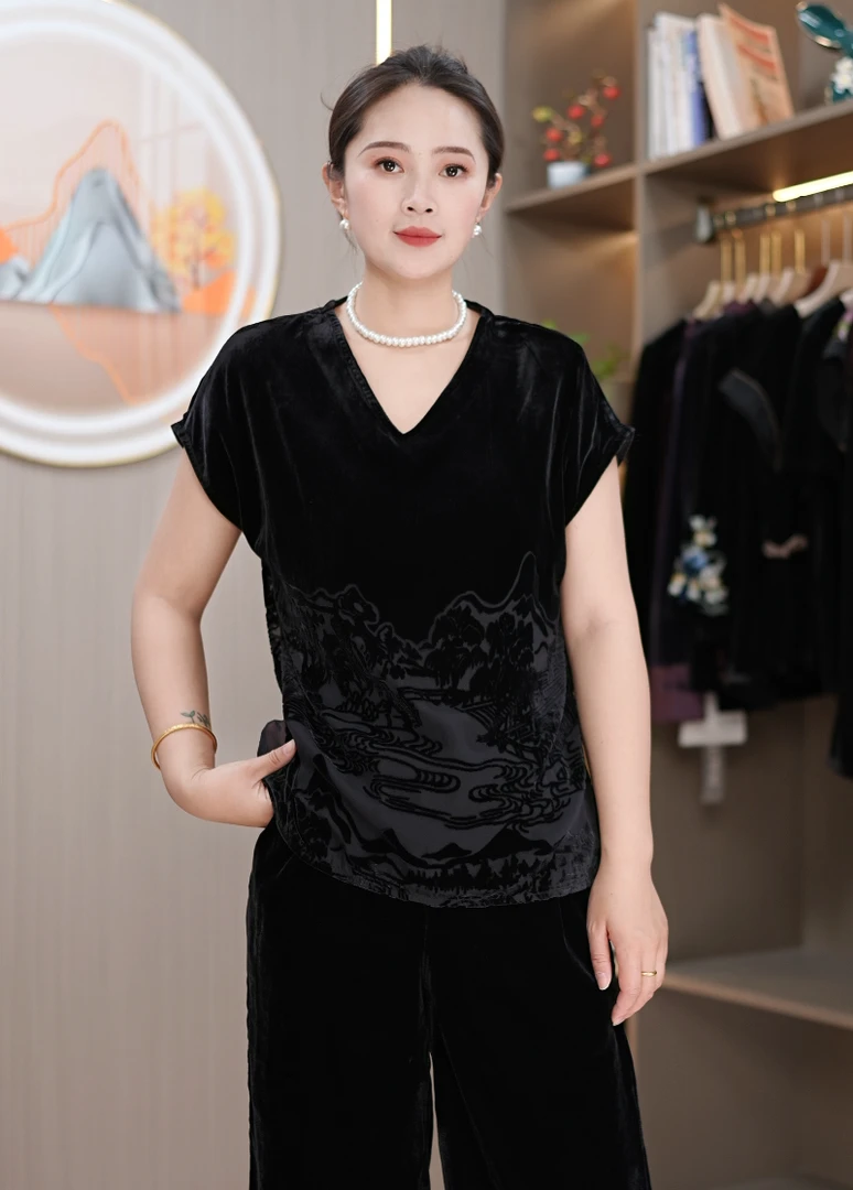 桑蚕丝时尚女装女宽松显瘦洋气百搭山水镂空雕花气质女装
