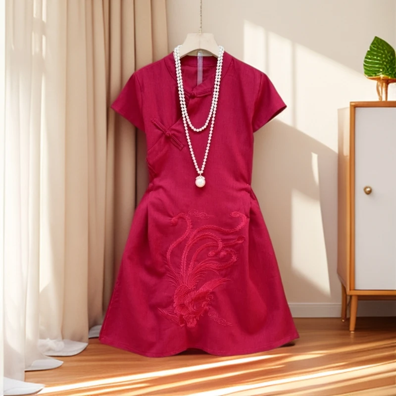 欧洲站新中式国风重工刺绣凤凰盘扣高级感气质连衣裙2025夏季新款