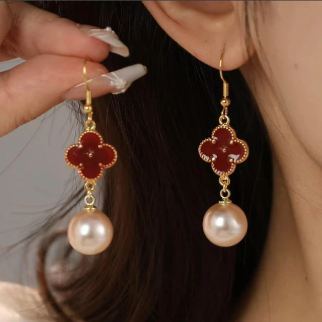 四叶珠珠耳钩耳环红色高级氛围耳饰女RD1051