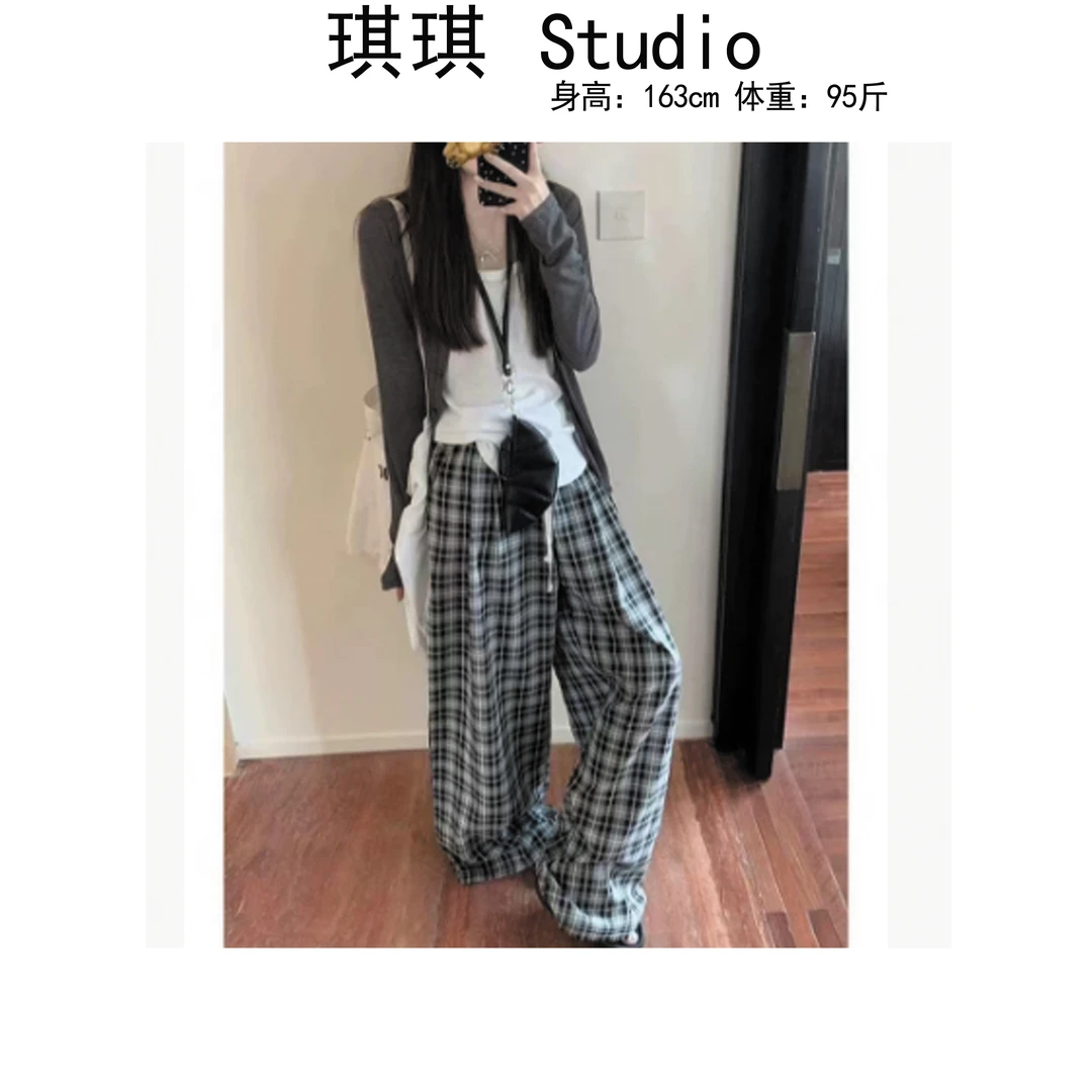 《琪琪家》夏季新款重工设计感打底基础背心开衫格子裤三件套9406-H