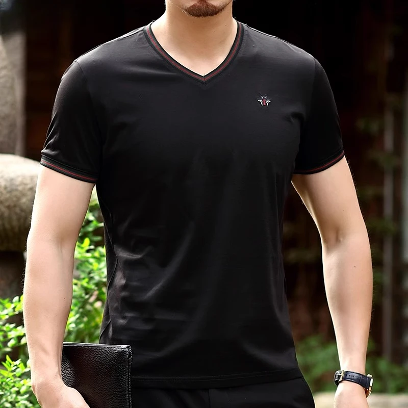 符腾野堡马夏季男士短袖T恤V领纯色薄款汗衫宽松休闲鸡心领上衣
