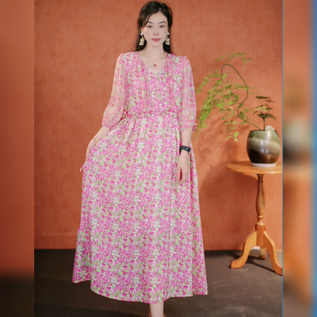 【多米拉】05725桑蚕丝连衣裙气质时尚夏季印花优雅收腰