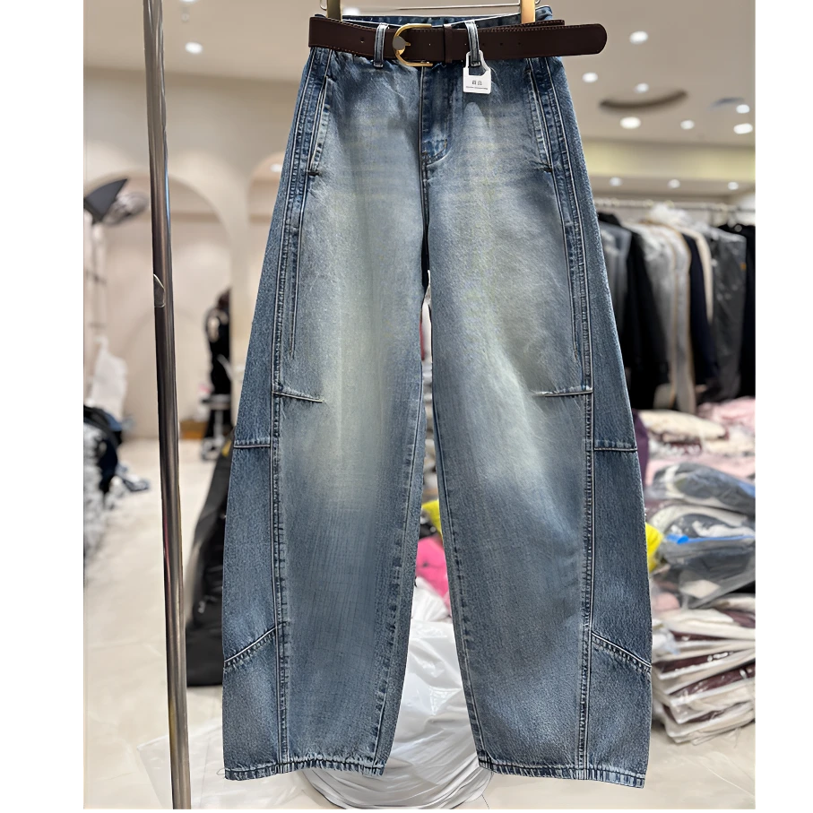 2025春新款立裁拼接牛仔裤女显瘦弯刀裤欧货哈伦裤梨型身材香蕉裤