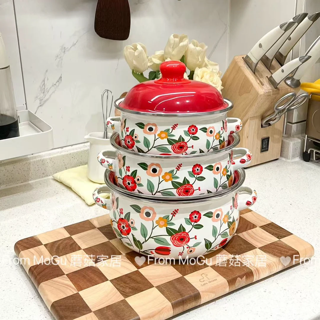 蘑菇家居小红花珐琅搪瓷锅三件套奶锅宝宝辅食锅火锅放猪油猪油罐