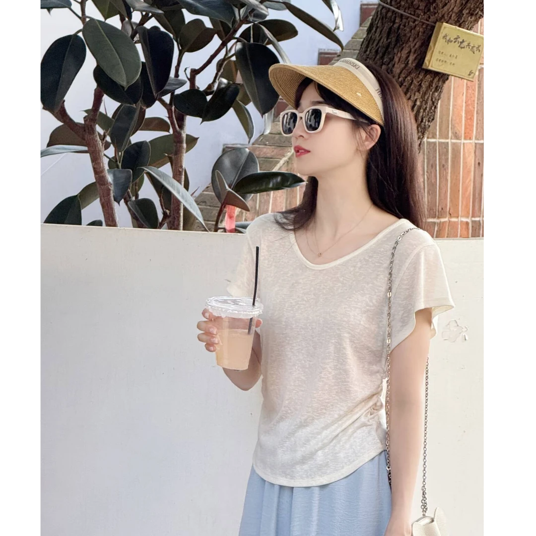 Y.M | 蔷薇少女 温柔风精致感V领飞飞袖减龄显瘦短袖T恤1078