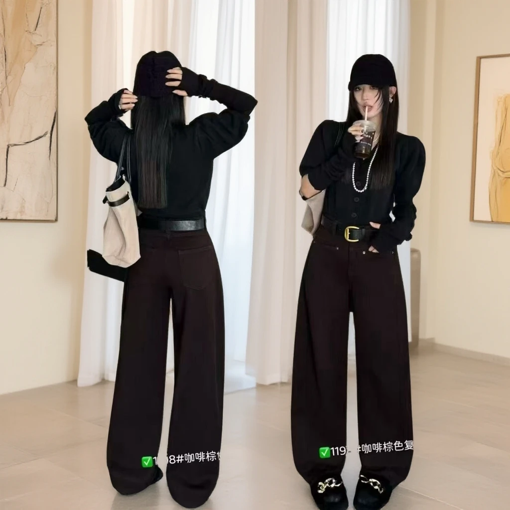 欧货高级深棕色加绒加厚弹力弯刀裤宽松阔腿气球牛仔裤子女1198