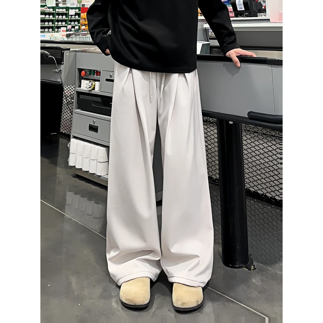 秋冬潮流老钱风户外休闲裤复古宽松廓形垂感西裤黑色加绒微喇西裤