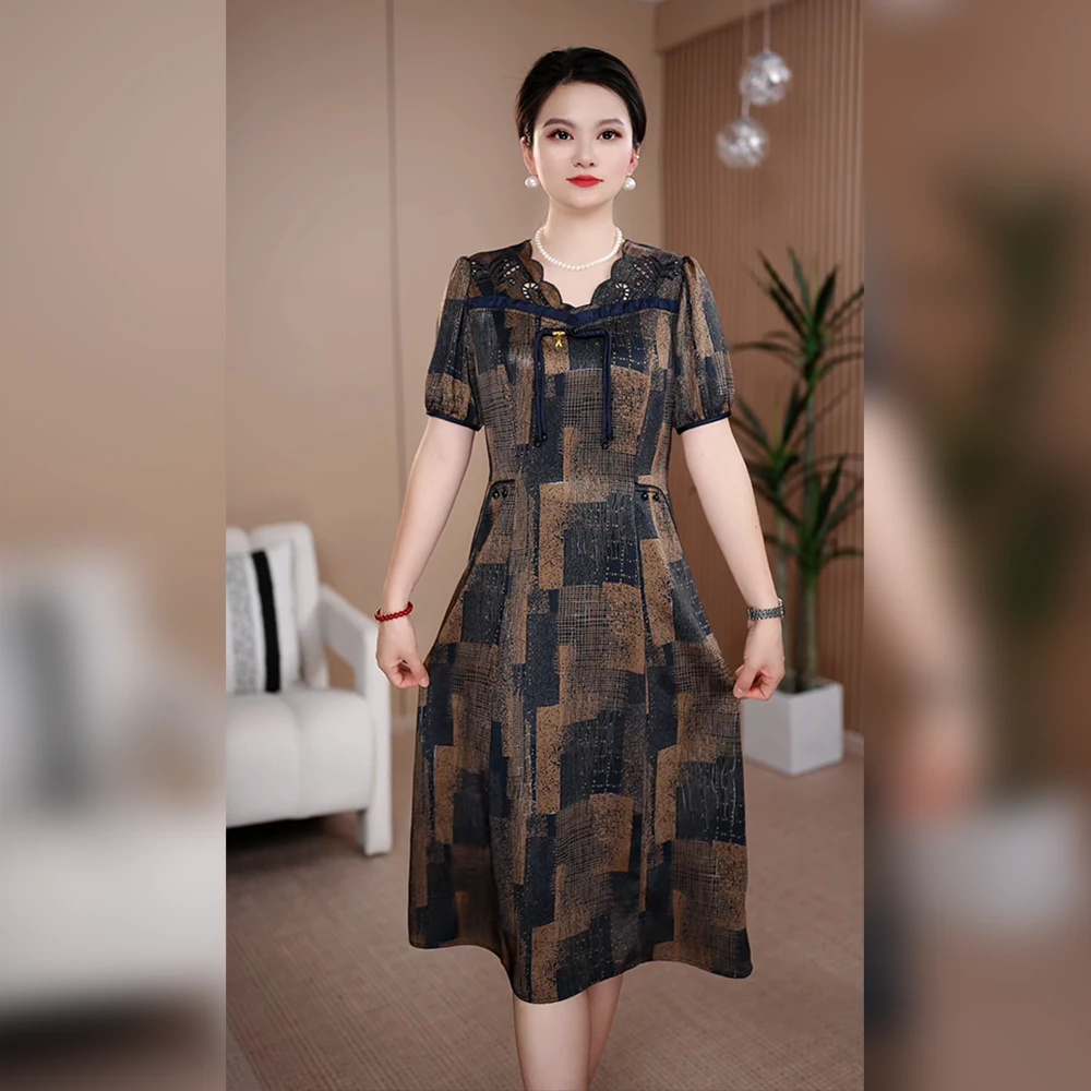 时尚简约优雅妈妈大码连衣裙女夏季新款遮肚显瘦减龄短袖裙子