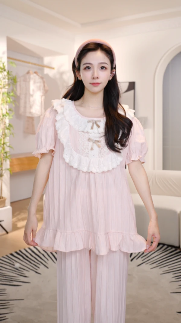 【莎莎专属】公主风提花蕾丝花边睡衣女新款甜美家居服85YY-8553