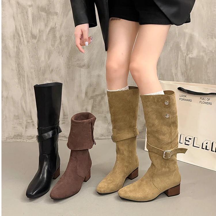 粗跟高跟两穿长筒靴子女2025新款秋不过膝堆堆靴美拉德高筒骑士靴