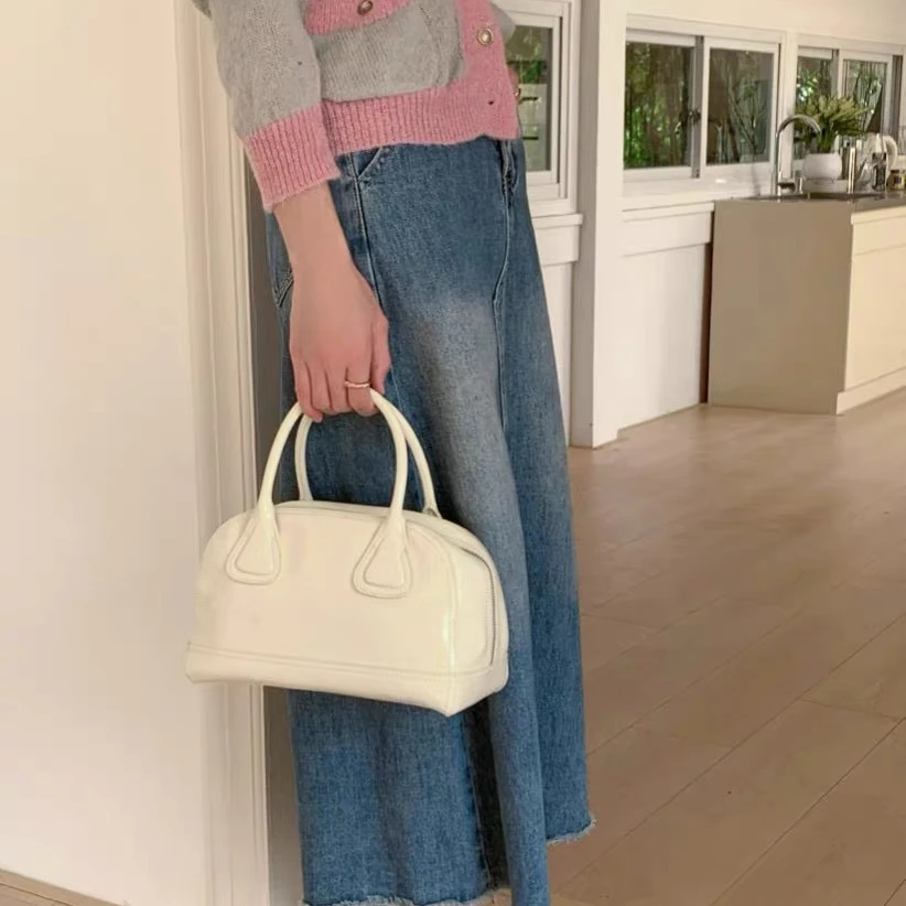 【奶油小贝】知女新款头层油蜡牛皮中古保龄球包单肩斜挎女包