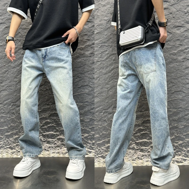 男士宽松直筒水洗浅蓝牛仔裤碎花印花休闲男装潮流百搭中腰长裤子