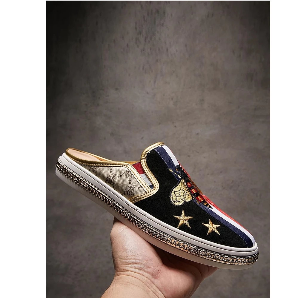 爱若摩根夏季新款2025小蜜蜂潮流刺绣包头鞋百搭高端半拖鞋真皮