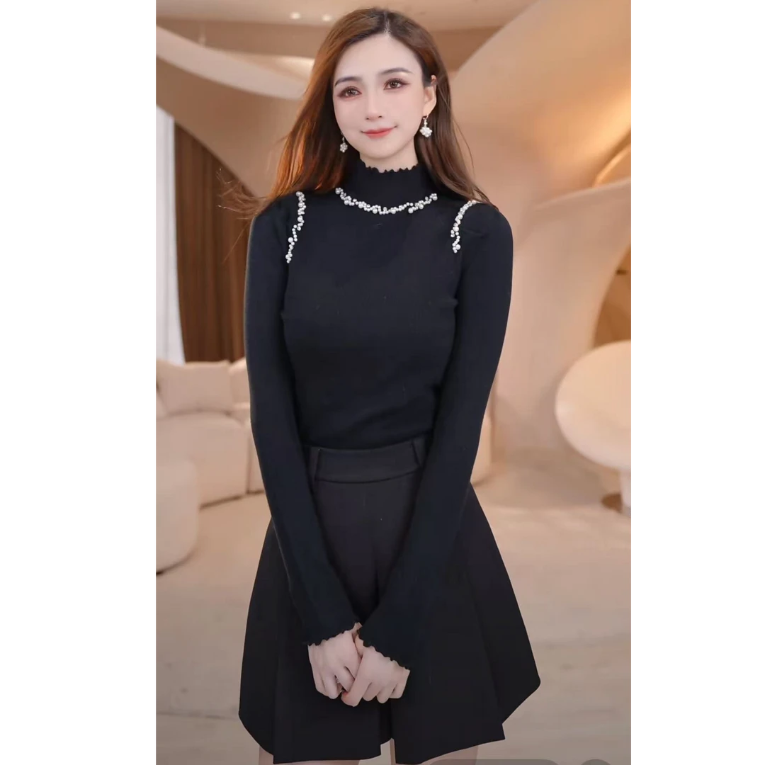 COCO BECCI【木耳边珍珠打底】重工钉珠修身显瘦针织衫CFXYD131260