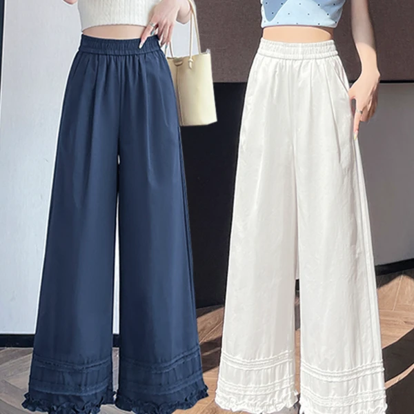 夏季宽松薄款木耳边蕾丝勾花阔腿女高腰小个子九分直筒胖mm防晒裤