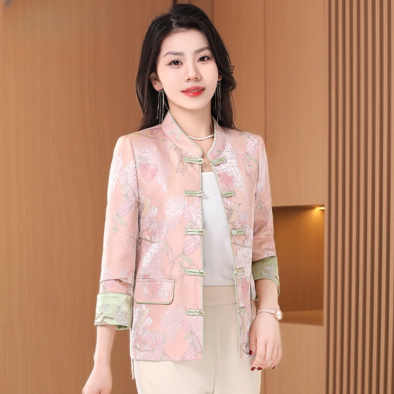 新中式国风盘扣提花长袖宽松外套女士春季小个子休闲时髦上衣夹克