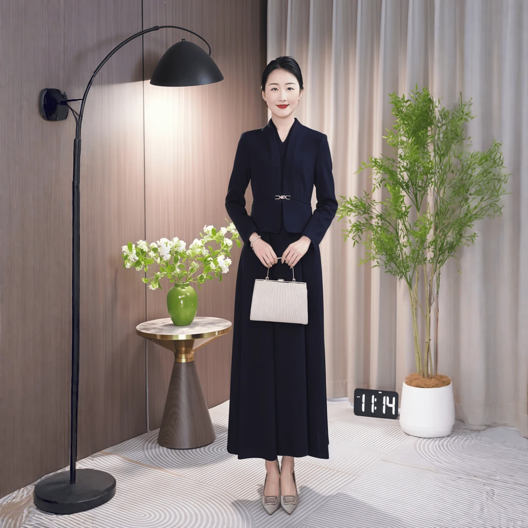 2025秋冬新款藏蓝色假两件气质连衣裙中长款韩版过膝显瘦长袖时尚