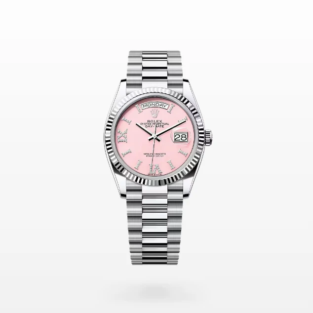 99新 Rolex/劳力士 星期日历128236/23年全套粉红色盘面镶钻刻度