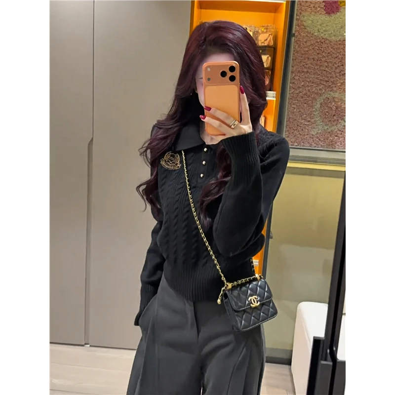 学院风polo翻领刺绣纯色套头麻花打底毛衣女秋冬季慵懒针织衫上衣