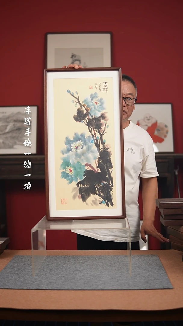 国画手绘-36*69实木框花鸟