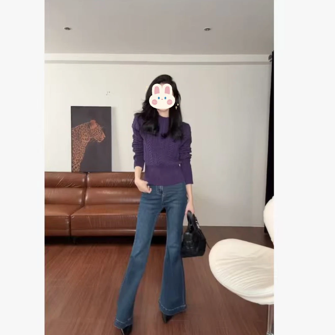 麻花小立领收腰厚款毛针织衫+喇叭裤长裤牛仔裤BB50544