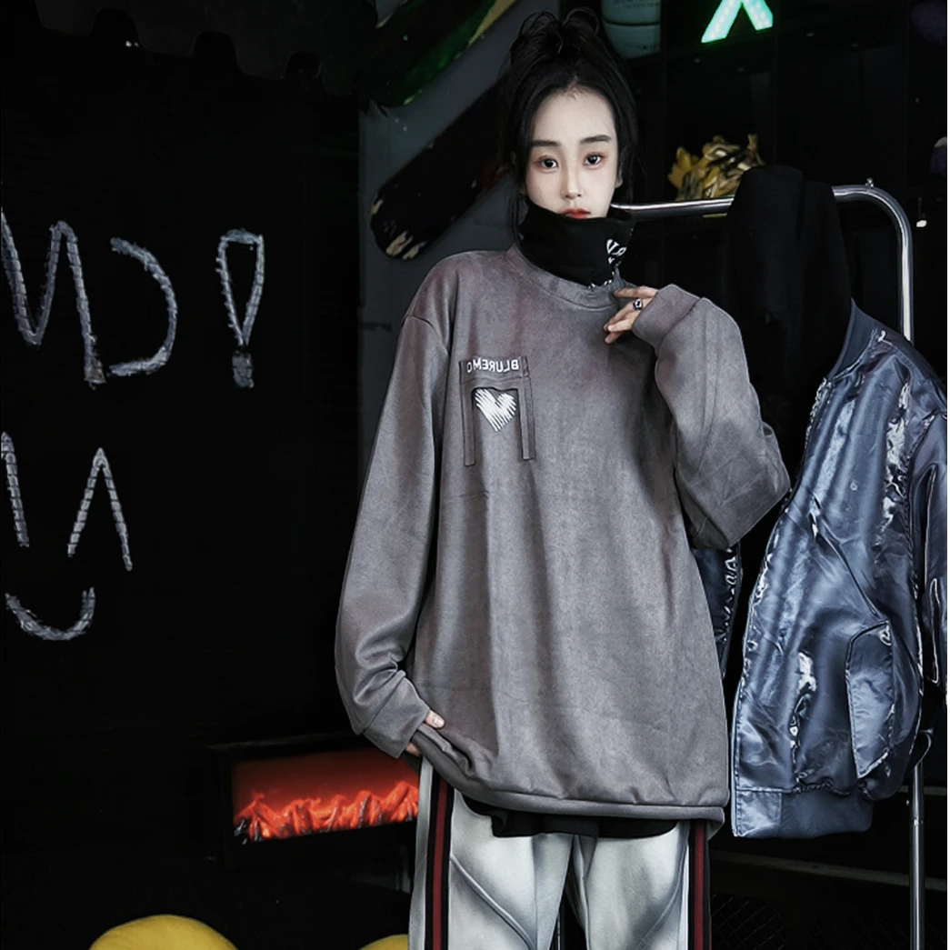 NY爱心刺绣贴布设计感绒圆领卫衣男女休闲情侣装潮
