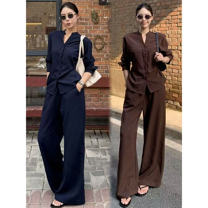 拉夏贝尔时尚套装女2025秋季新款长袖系带衬衫阔腿裤气质两件套