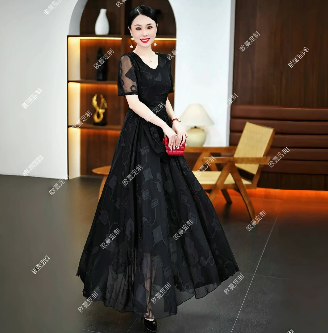 欧蔓08-352夏季新款五分袖黑色蝉翼纱长款过膝大摆连衣裙修身显瘦