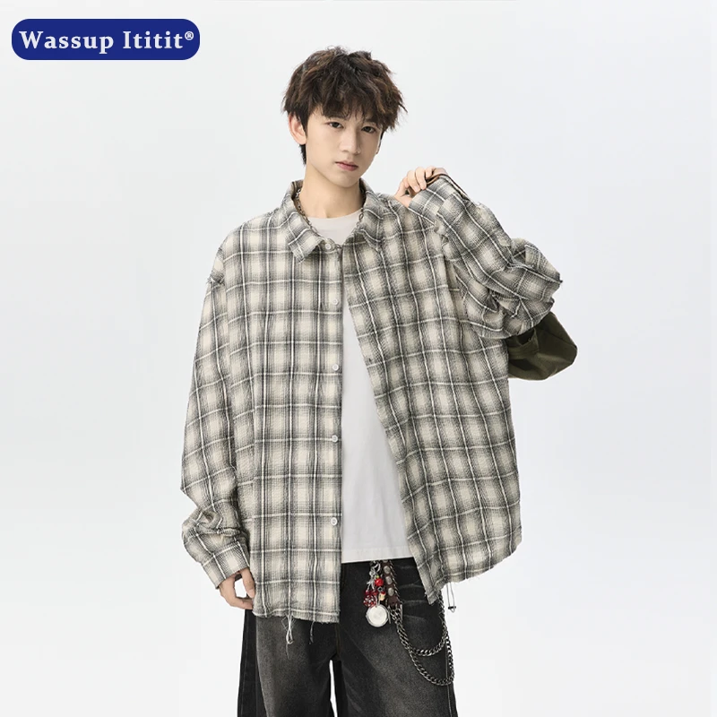 WASSUP ITITIT秋季新款翻领格子长袖衬衫格纹外套男韩版时尚衬衣