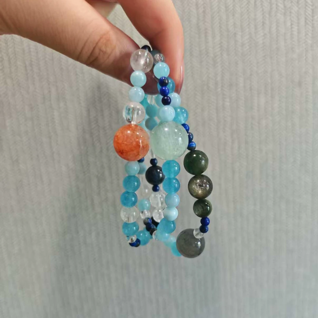 【深海】灰月光红胶花青金石蓝玉髓海蓝宝绿锂云母白水天然水晶手串