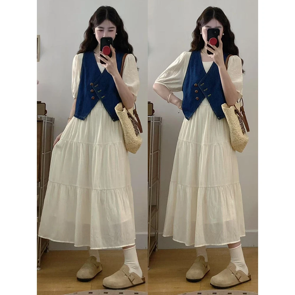 大码女装胖mm复古气质牛仔马甲连衣裙温柔法式两件套