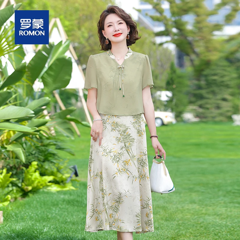 罗蒙母亲节中年妈妈夏装短袖新中式连衣裙女中老年夏季洋气裙子