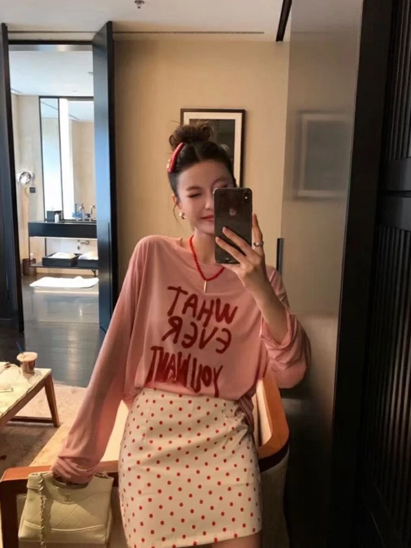 夏日多巴胺字母涂鸦上衣轻薄三色百搭防晒长袖宽松T恤