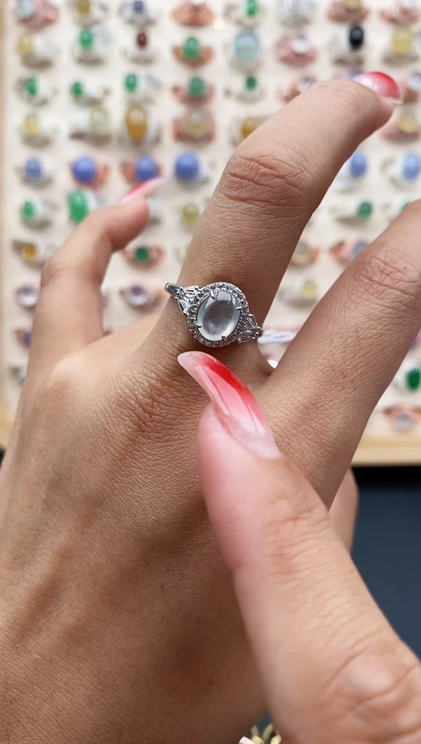 【闪购商品】翡翠戒指银S925镶嵌缅甸天然A货翡翠222   3-7