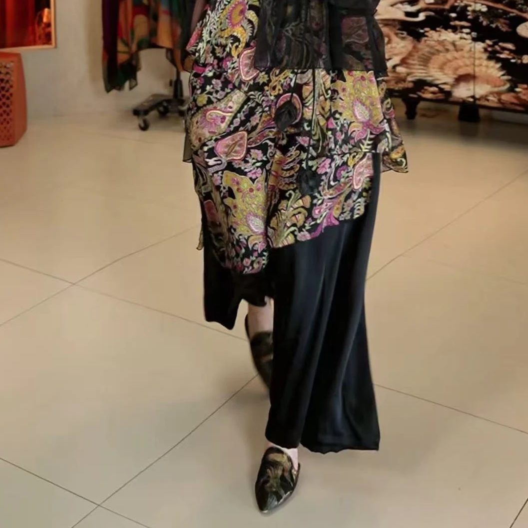 902篱君夏季新款双层飘纱碎花阔腿裤时尚百搭显瘦高腰黑色长裤女