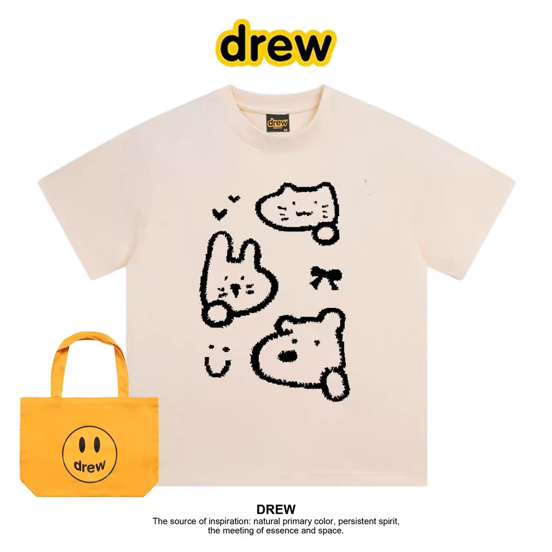 Drew美式复古线条兔子小众设计短袖T恤男女宽松休闲情侣ins半袖潮