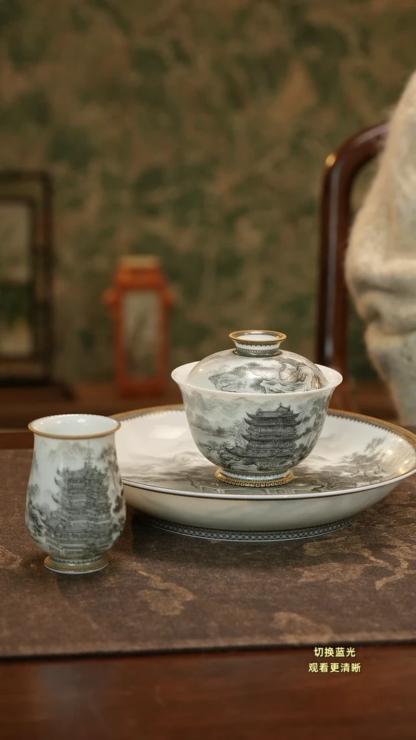 瓷G*生手绘墨彩滕王阁三件套