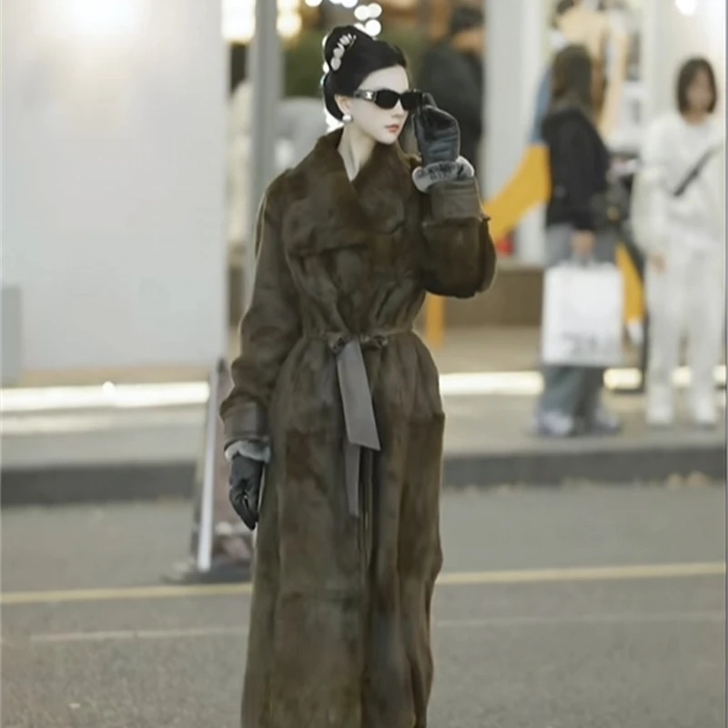 魏元高定/咖色兔毛中长款设计师气质法式冬季厚款大衣-1114