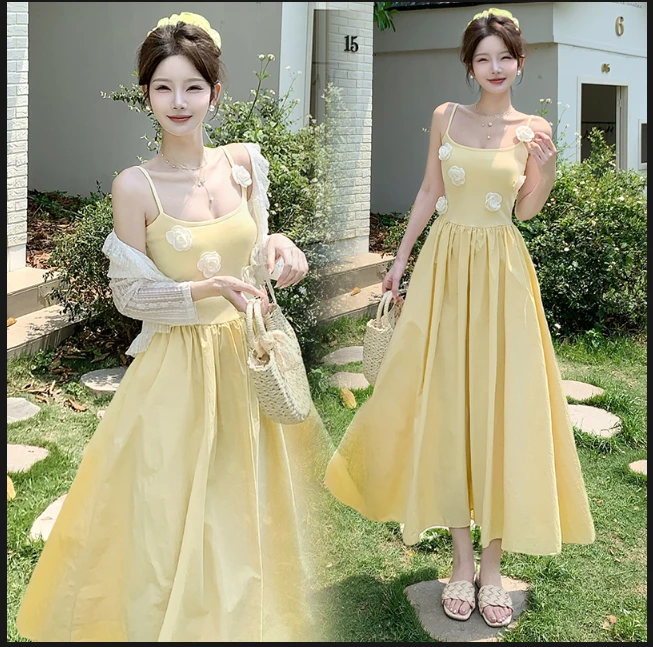 圆领夏季长裙吊带露肩大码连衣裙成人U型领围巾领立体装饰