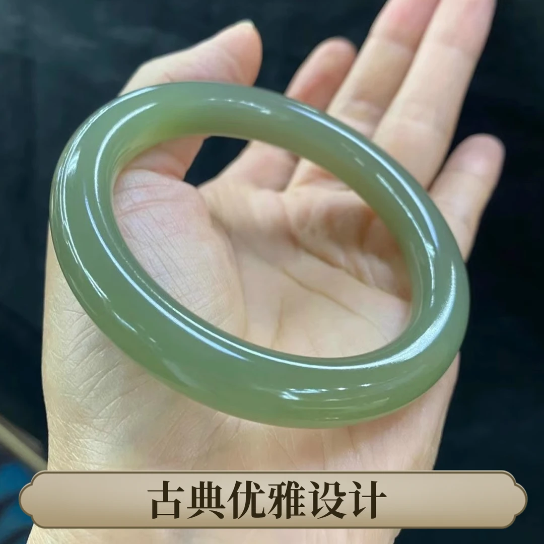高品质和田玉湖水绿女士手镯轮胎款冰透宽条平安镯浅晴水和田玉镯