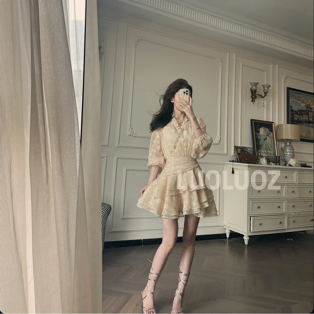 【现货】LUOLUOZ【许愿星河】气质网纱花边设计收腰短款连衣裙JF782