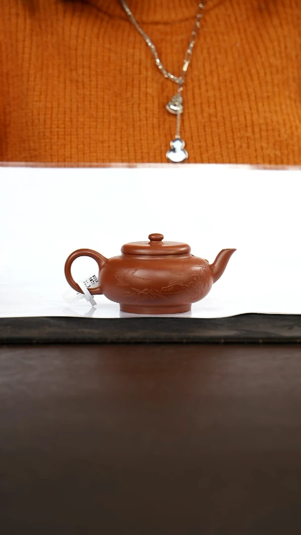 茶壶紫砂扁灯刻绘朱泥130cc