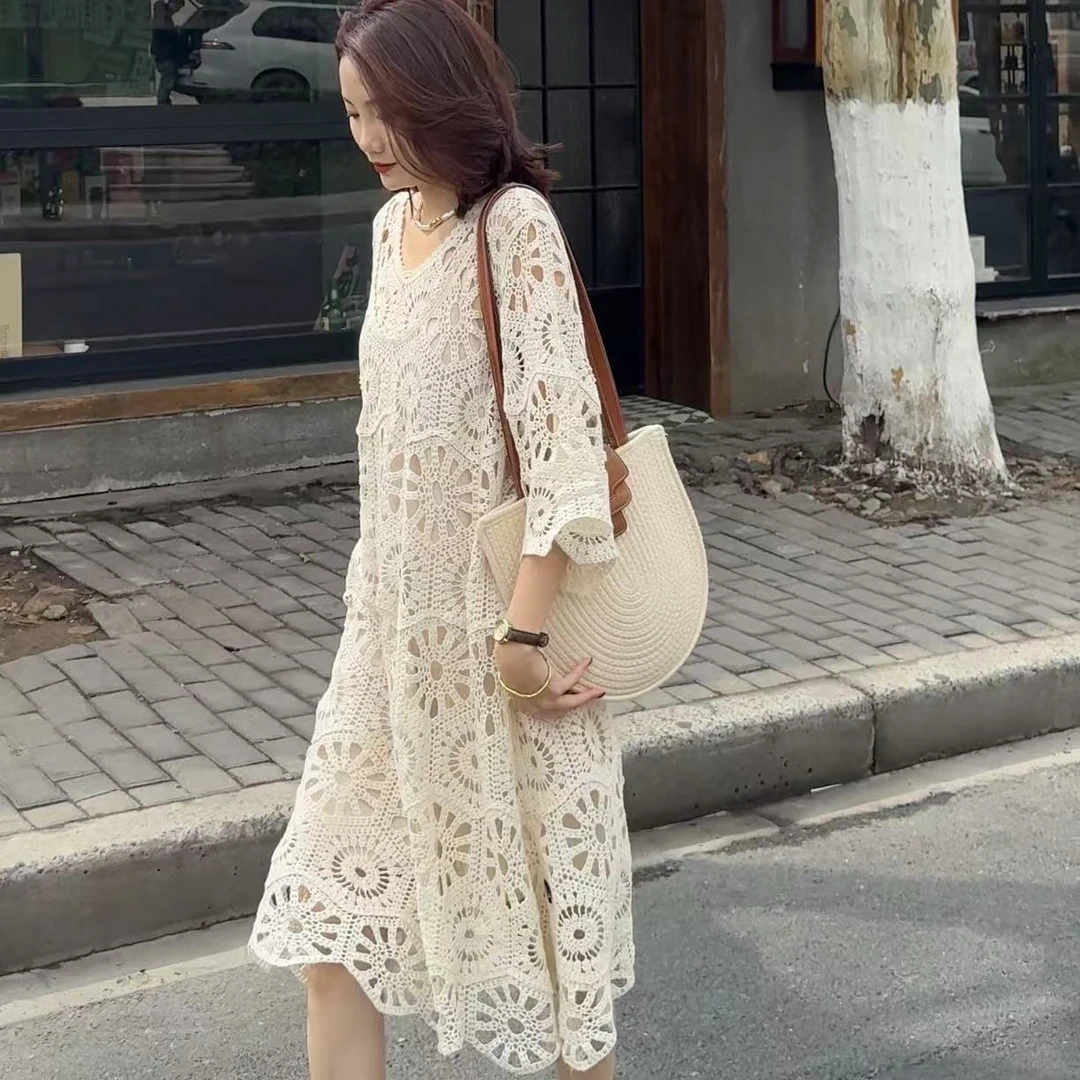 高品质宽松钩花镂空针织连衣裙+内衬裙小众设计气质时尚显瘦高级