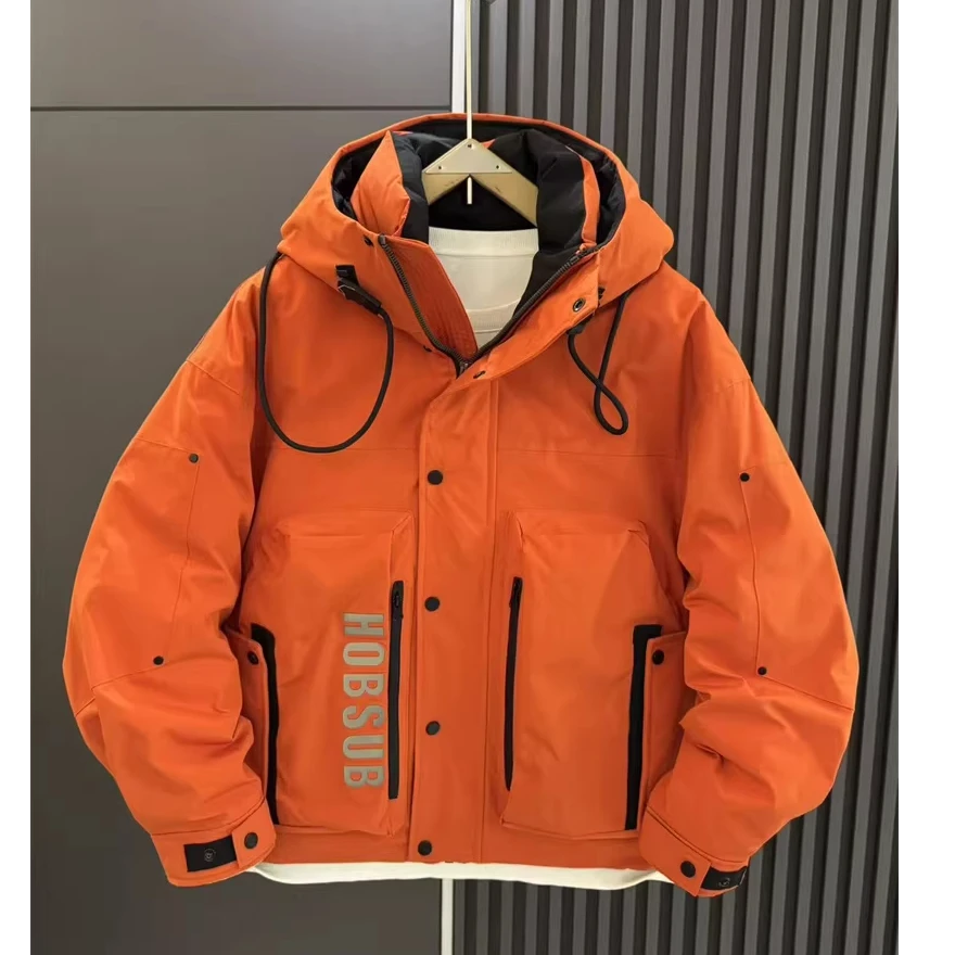 字母工装多口袋连帽羽绒服秋冬男士潮牌宽松痞帅白鸭绒冲锋衣外套