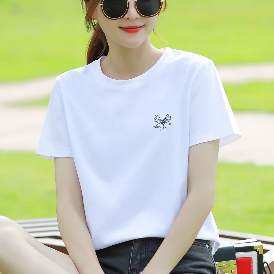 冰瓷棉夏季新款白色女士短袖t恤宽松百搭韩版半袖简约休闲印花ins