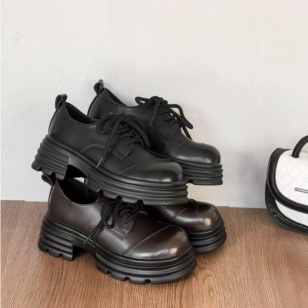 2025新款真皮厚底粗跟英伦风小皮鞋系带大头百搭乐福鞋6107