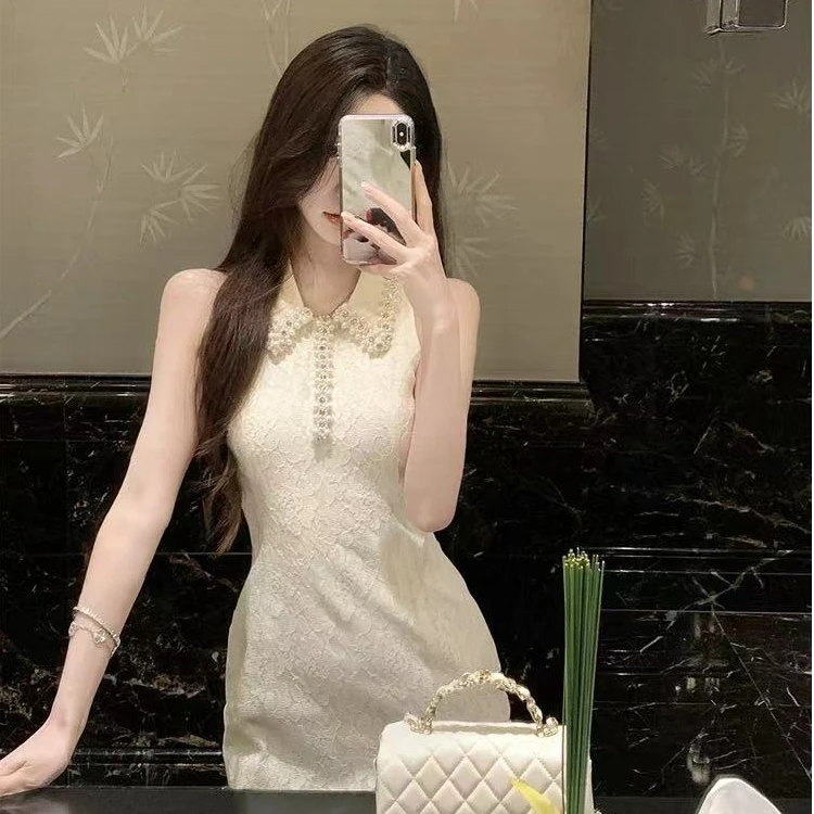 JAXEEE重工钉珠无袖连衣裙短裙蕾丝显瘦气质小个子连衣裙法式收腰